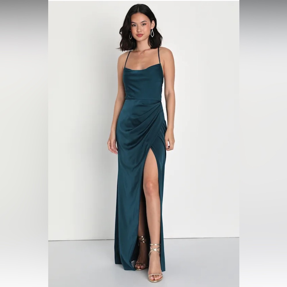 Lulus Moments of Beauty Dark Teal Satin Cowl Neck Tulip Maxi Dress